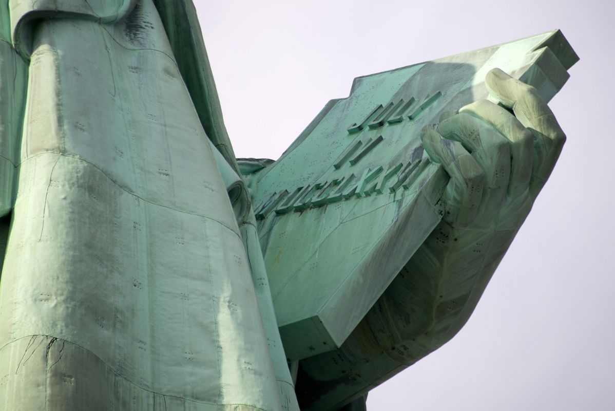 08-05 Statue Of Liberty Hand Holding The Book With Inscription JULY IV MDCCLXXVI July 4, 1776 Close Up From Lower Pedestal